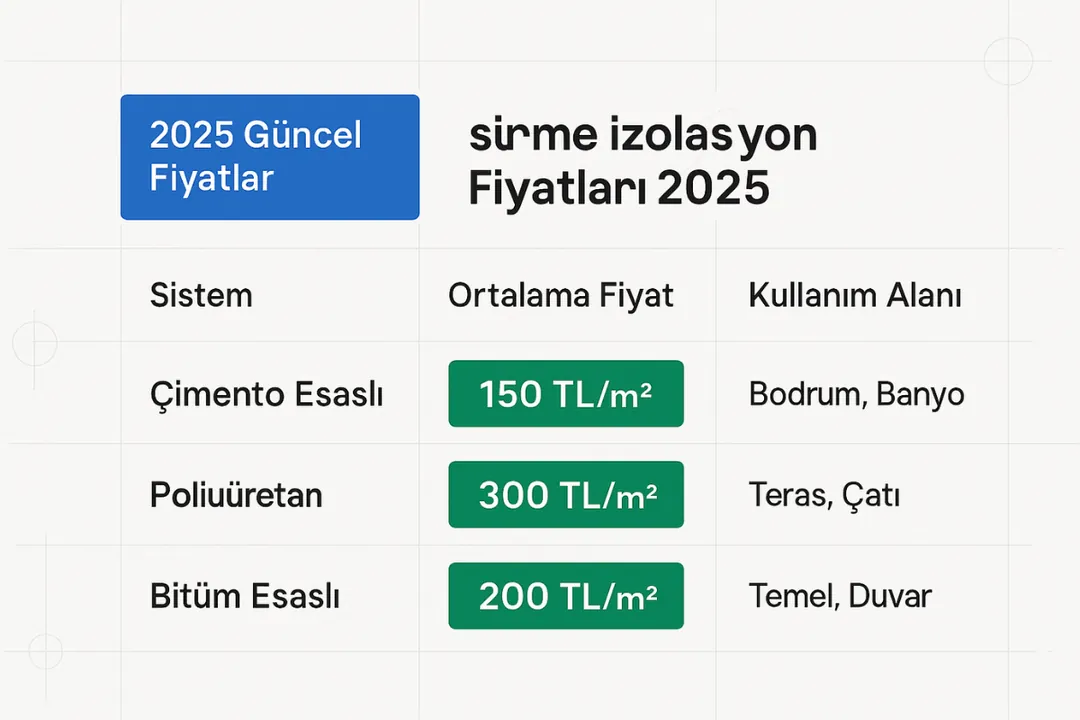 Sürme izolasyon fiyat tablosu 2025 – çimento esaslı, poliüretan ve bitüm esaslı su yalıtımı fiyatları