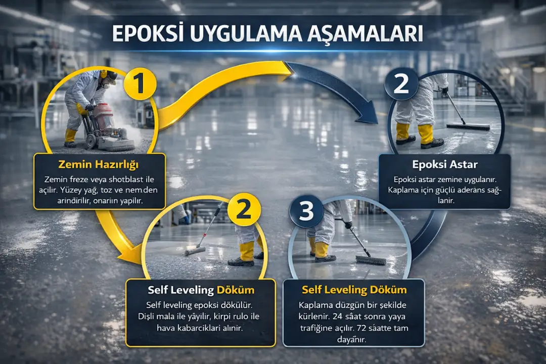 Self leveling epoksi zemin kaplama uygulama aşamaları; zemin hazırlığı, epoksi astar, döküm ve kürlenme süreci.&nbsp;