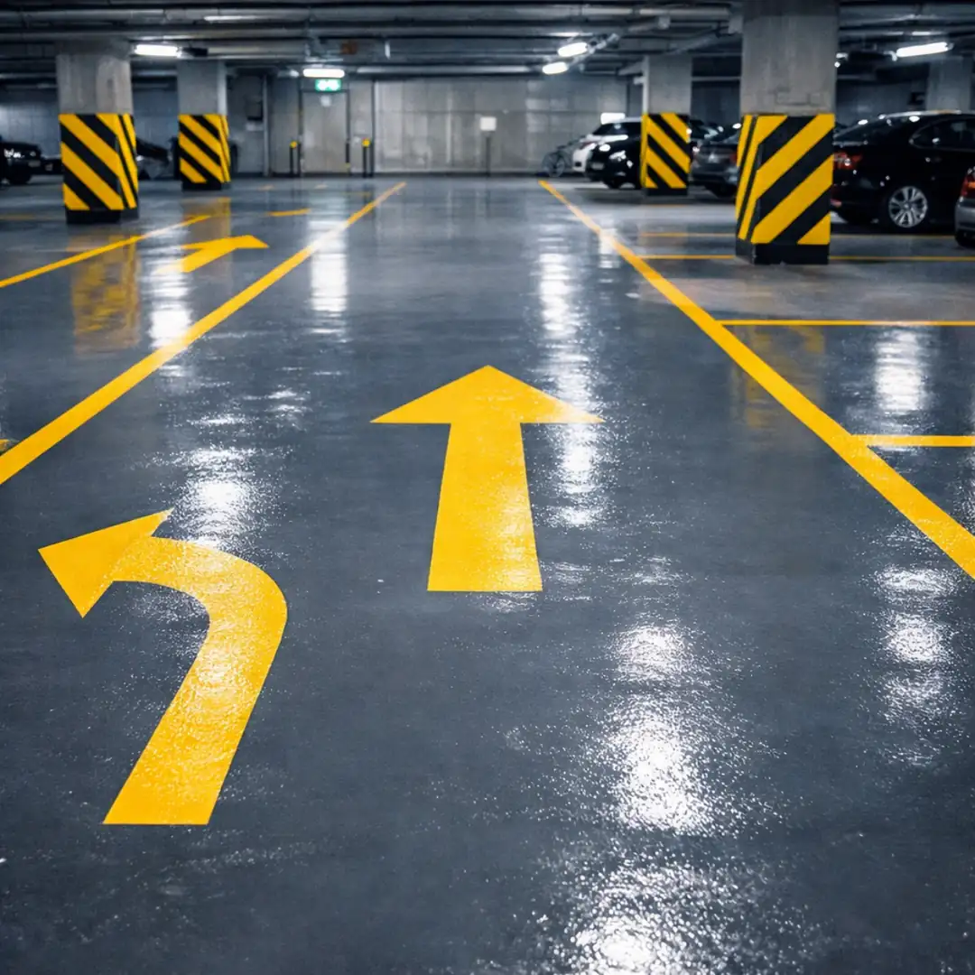 Epoksi zemin üzerinde otopark yönlendirme çizgileri