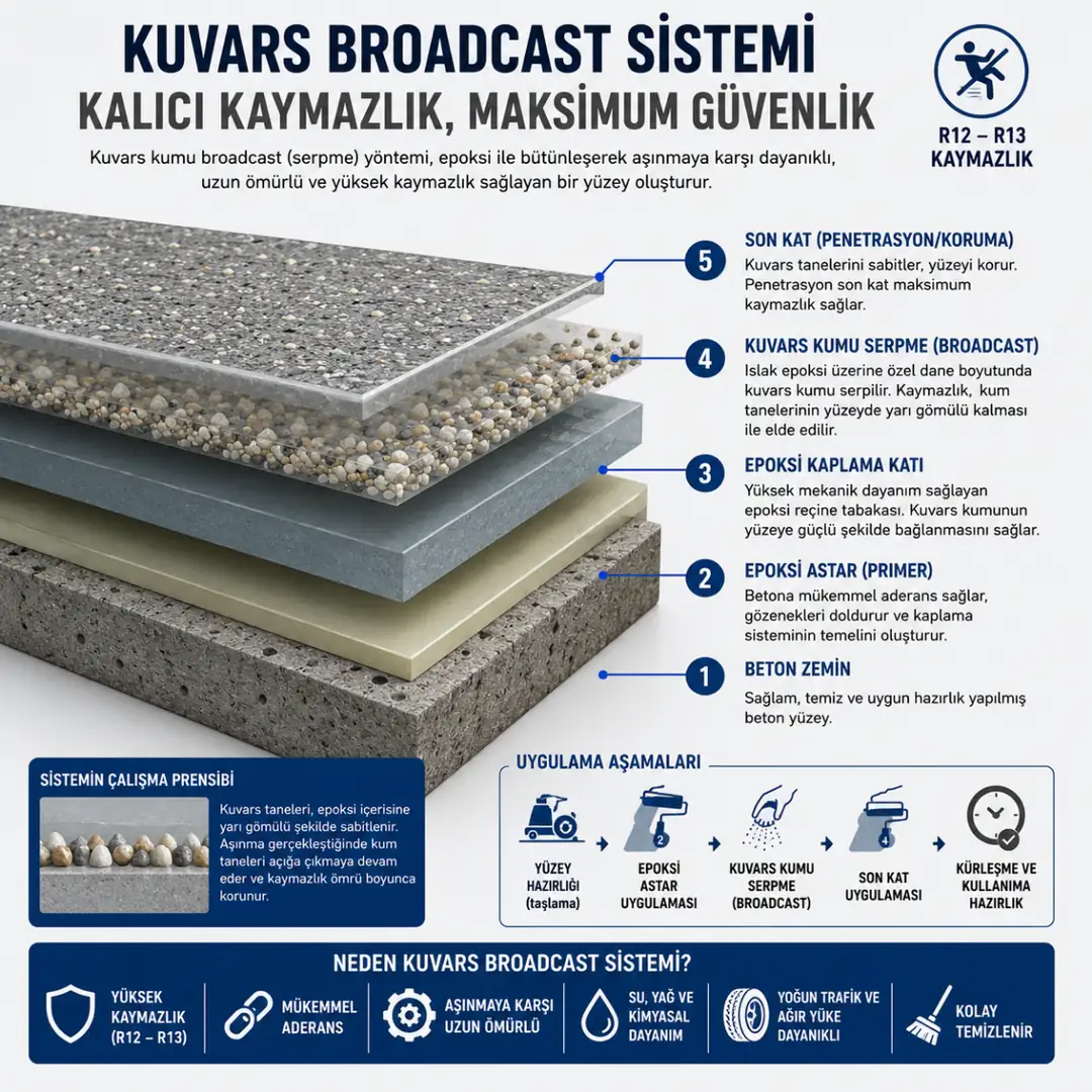 Kuvars broadcast kaymaz epoksi sistem katman şeması&nbsp;