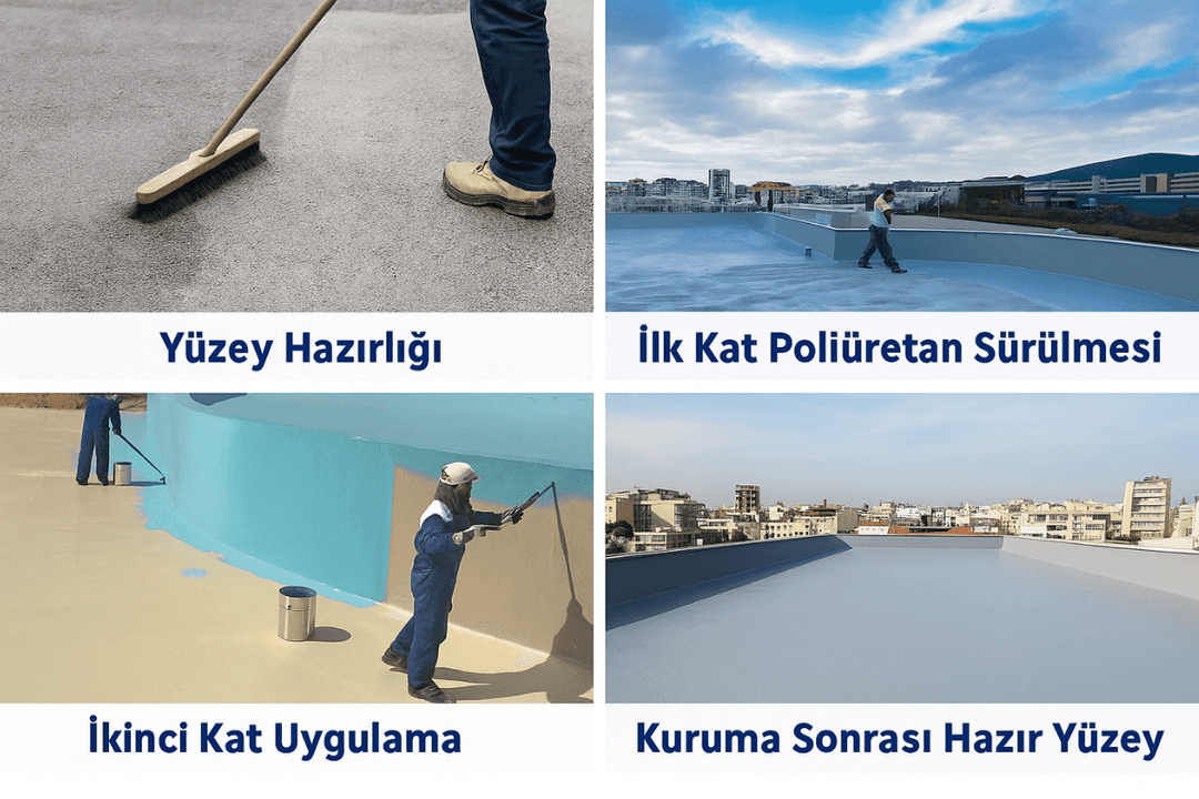 Tek bileşenli poliüretan sürme su yalıtım uygulama aşamaları: yüzey hazırlığı, ilk kat, ikinci kat ve kuruma sonrası görünüm. 