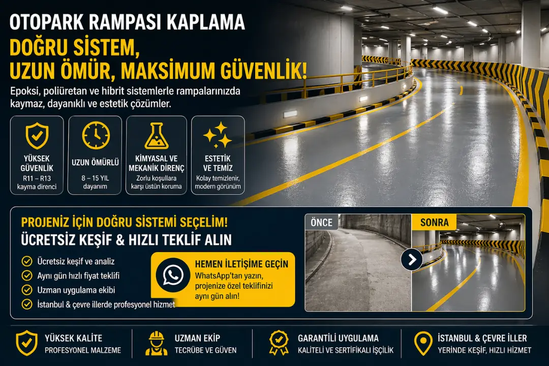 Otopark rampası kaplama tamamlanmış proje epoksi poliüretan zemin