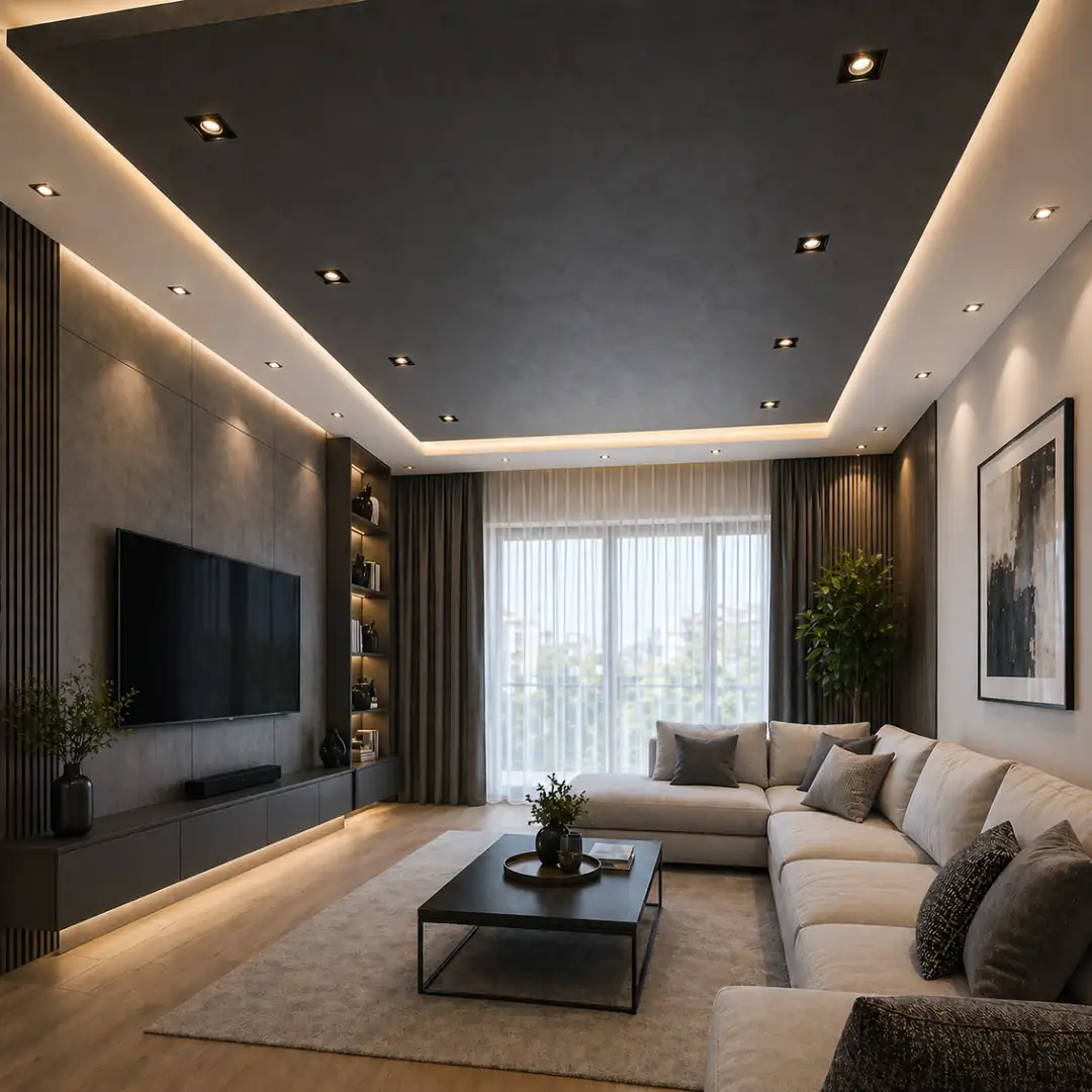 antrasit renk vurgulu modern salon asma tavan tasarımı