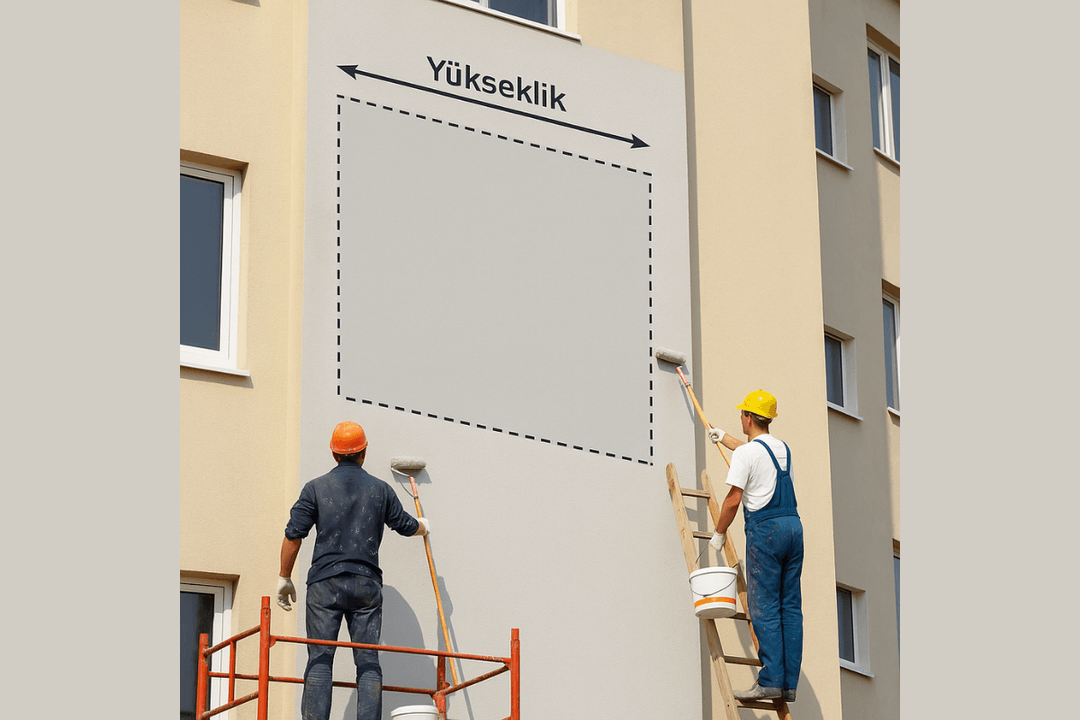 Profesyonel ekibin dış cephe boya ölçüm ve uygulama çalışması – yükseklik ve genişlik hesaplama örneği. 