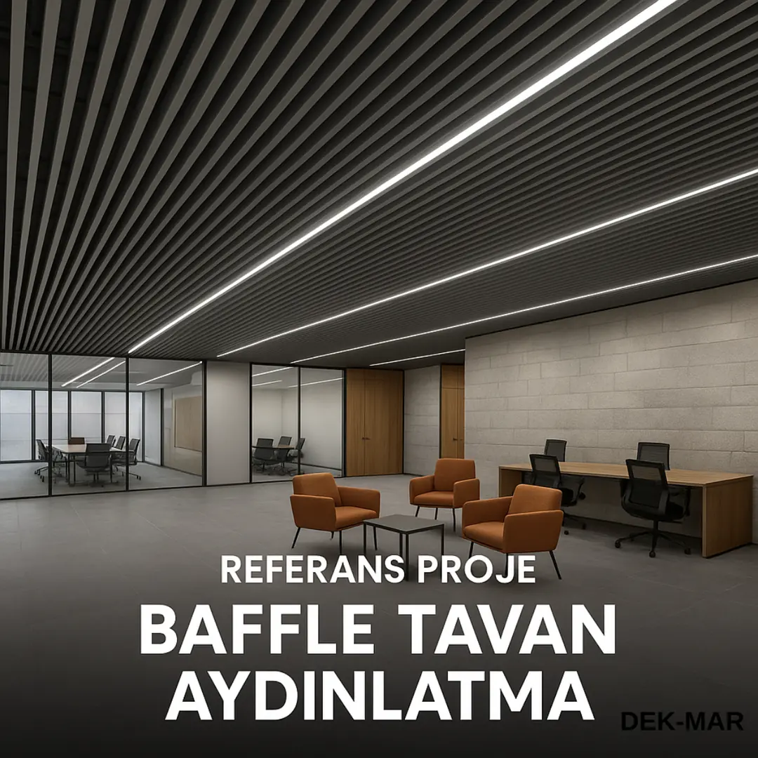 Modern ofis ortamında tamamlanmış baffle tavan aydınlatma projesi, lineer LED sistemli referans uygulama, profesyonel Dek-Mar 2025 