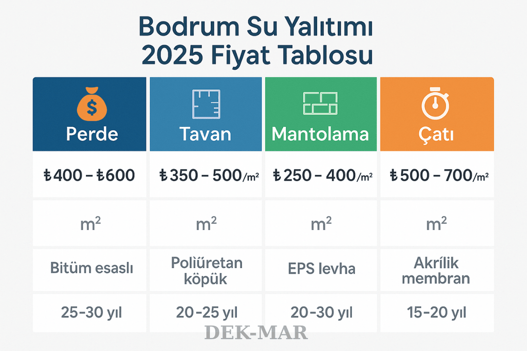 Bodrum su yalıtımı 2025 fiyat tablosu – perde izolasyonu, tavan yalıtımı, mantolama karşılaştırması