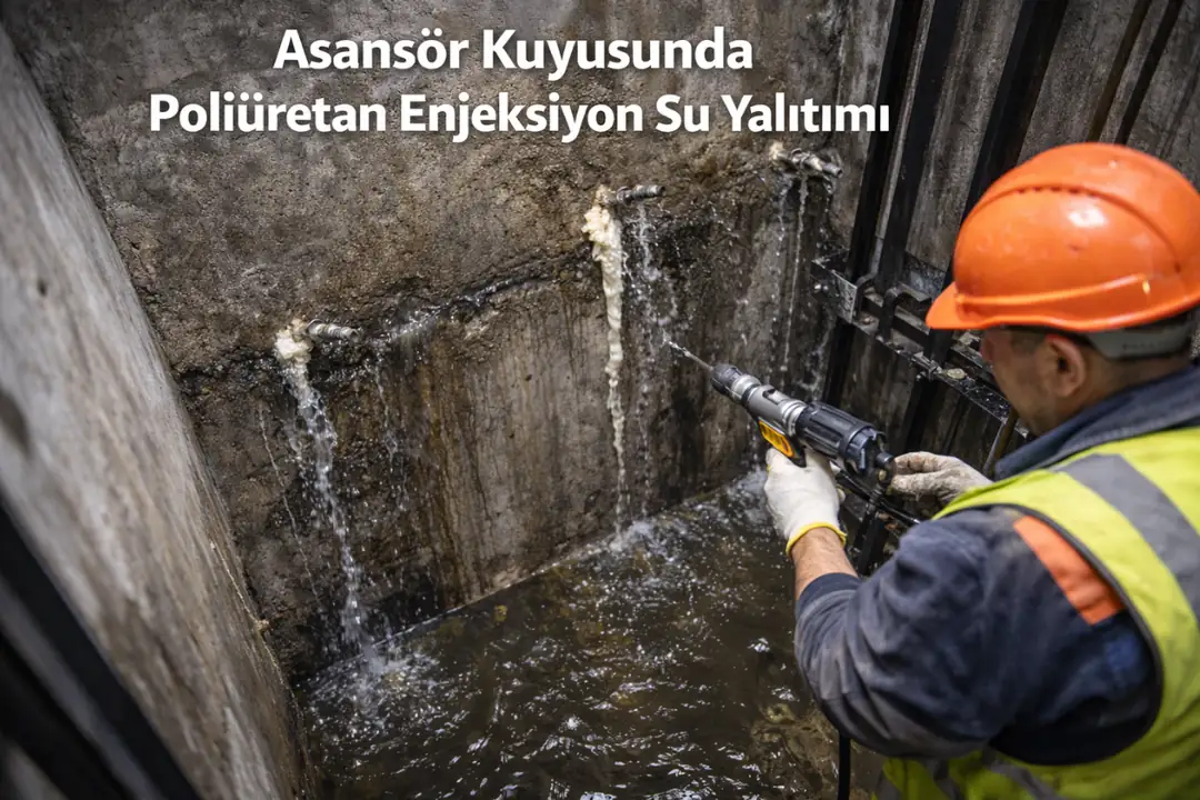 Asansör kuyusunda oluşan su sızıntılarının, poliüretan enjeksiyon yöntemiyle beton çatlaklardan durdurulduğu profesyonel su yalıtımı uygulaması.&nbsp;