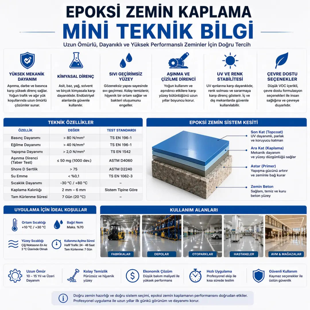 endüstriyel epoksi zemin teknik detayları kalınlık mm değerleri dayanım testleri ve katman sistemi şeması&nbsp;