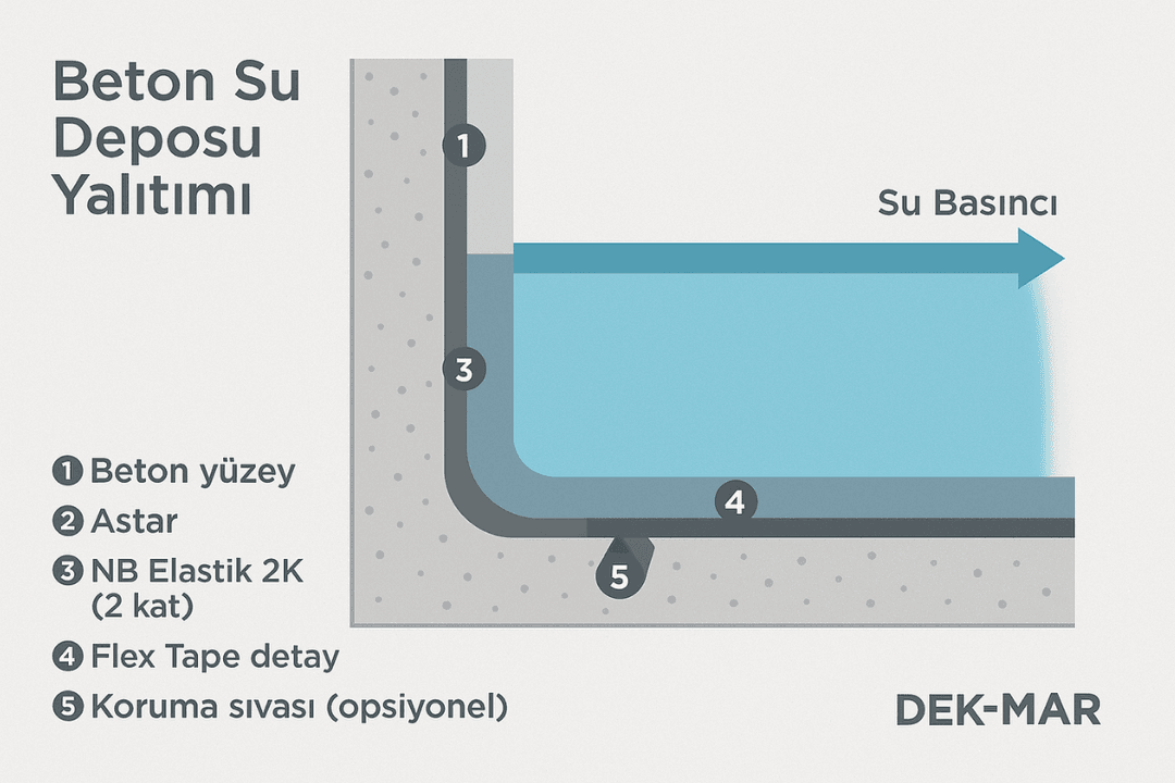 Beton su deposu yalıtımı teknik kesiti – NB Elastik 2K katmanları, astar ve su basıncı yönü gösterimi – Dek-Mar.