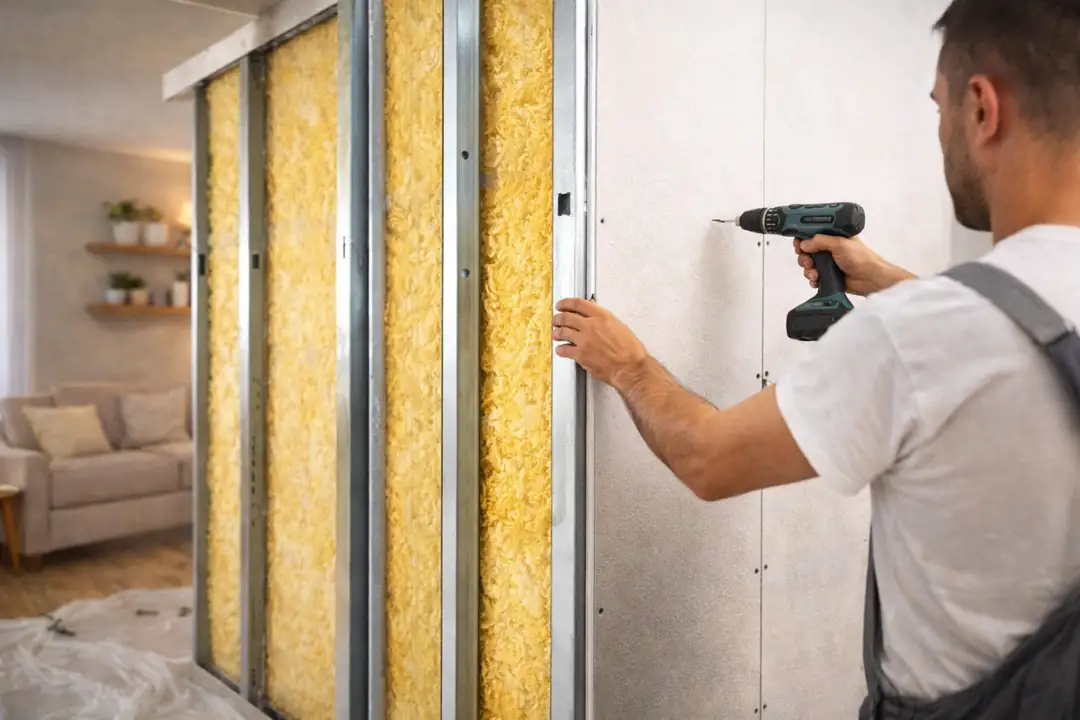 Daire içi komşu ses yalıtımı uygulaması taş yünü ve alçıpan montajı