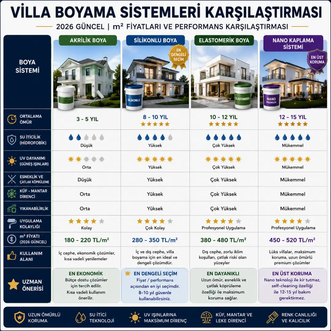 Villa dış cephe boya sistemleri akrilik silikonlu elastomerik nano kaplama karşılaştırması&nbsp;
