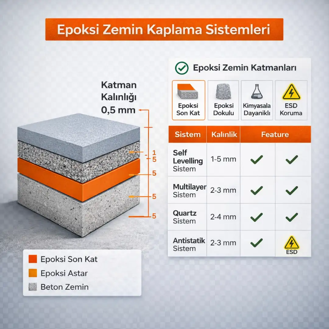 Epoksi zemin sistem kalınlıkları ve uygulama türleri teknik infografik&nbsp;