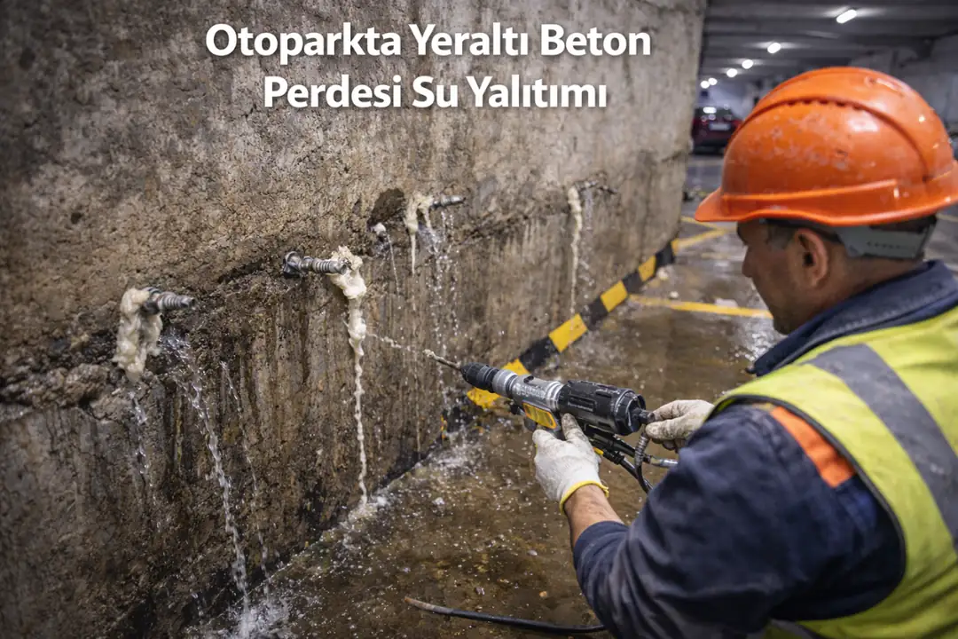 Yeraltı otoparkında beton perde duvarda oluşan su sızıntılarının, poliüretan enjeksiyon yöntemiyle durdurulduğu profesyonel su yalıtımı uygulaması.&nbsp;