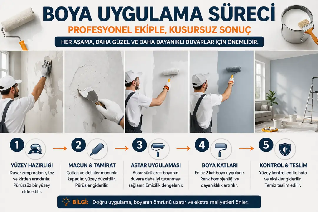 duvar boya uygulama süreci zımpara astar ve boya katları profesyonel boyama aşamaları