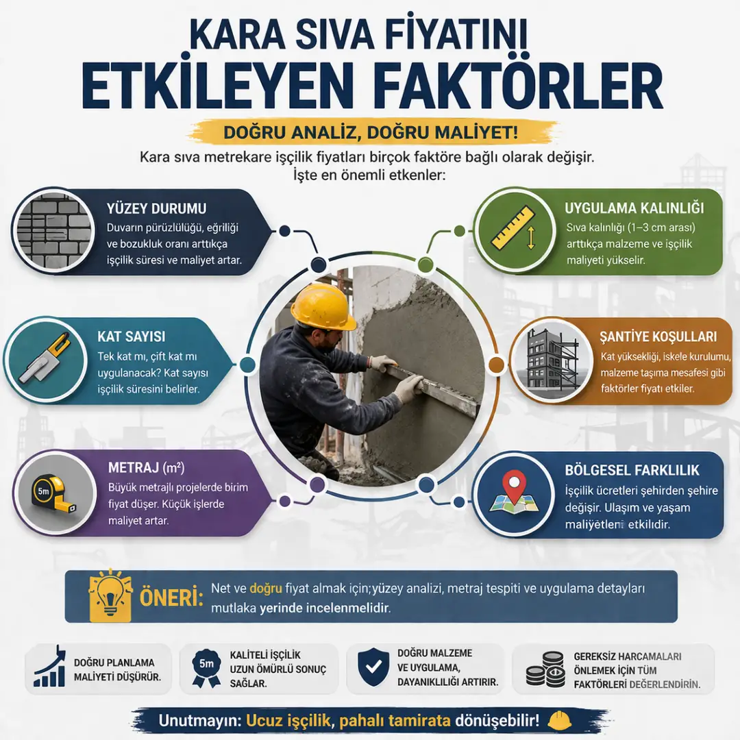 Kara sıva fiyatını etkileyen faktörler metraj yüzey durumu kalınlık ve işçilik detayları infografik&nbsp;