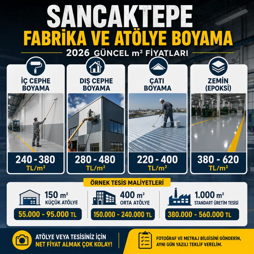 Sancaktepe fabrika ve atölye boyama 2026 m2 fiyat tablosu