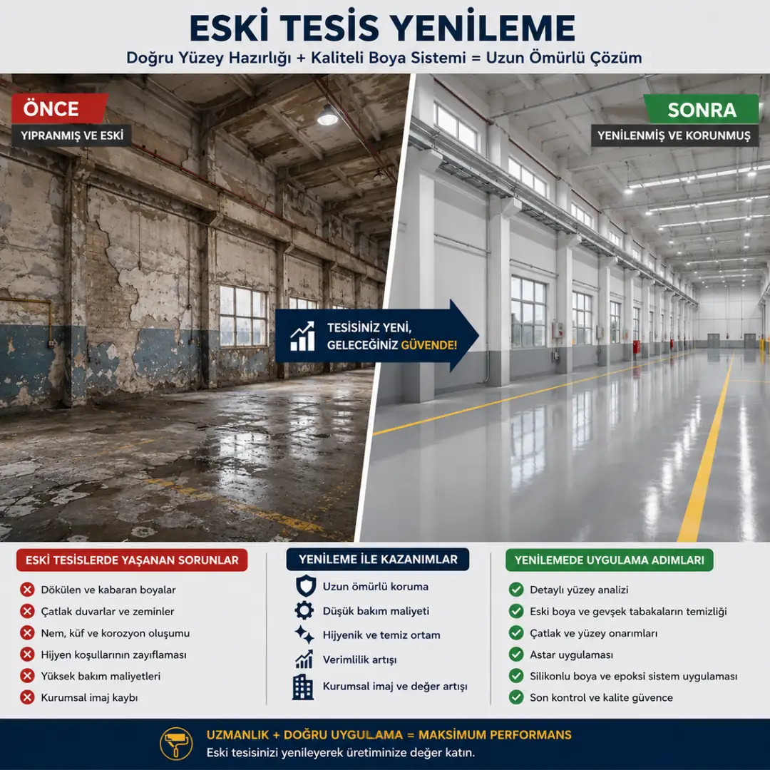 Eski fabrika yenileme öncesi ve sonrası boyama uygulaması&nbsp;