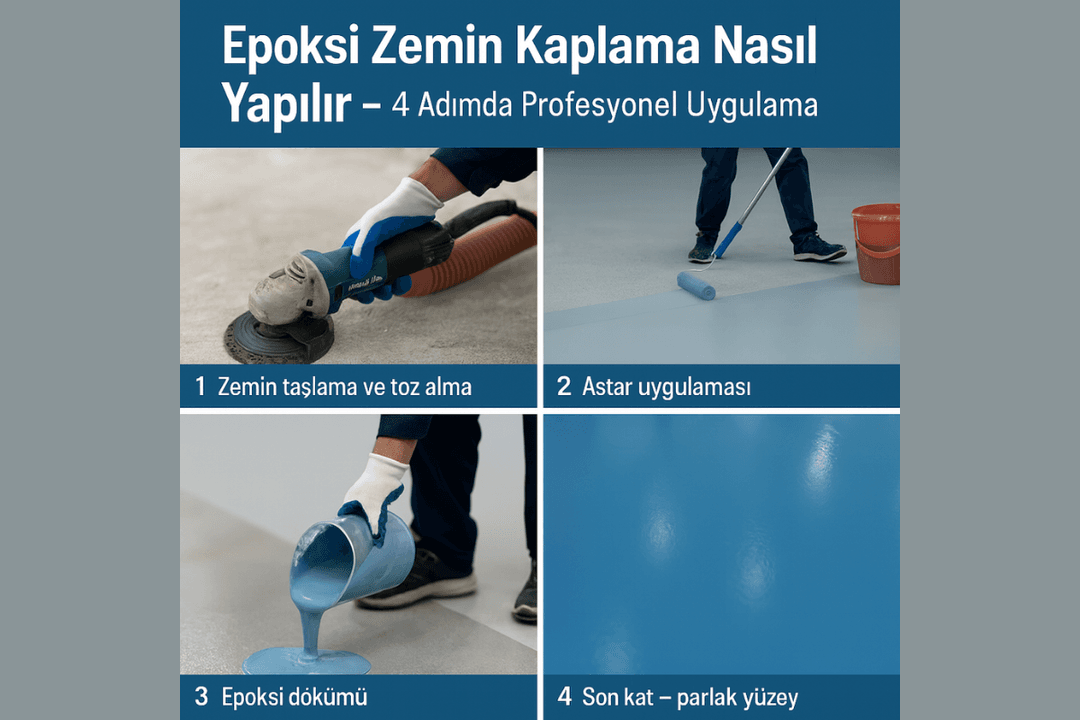 Epoksi zemin kaplama uygulama aşamaları – taşlama, astar, döküm ve son kat işlemleri – Dek-Mar 2025.