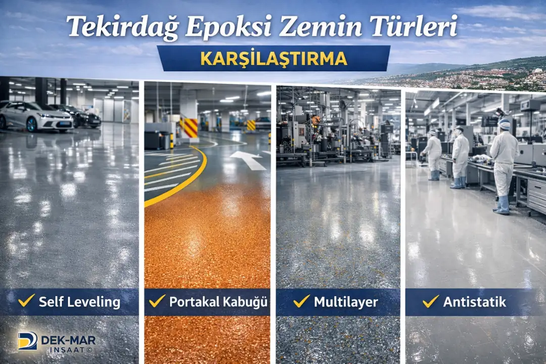 Tekirdağ epoksi zemin türleri karşılaştırması; self leveling, portakal kabuğu, multilayer ve antistatik epoksi zemin seçenekleri.&nbsp;