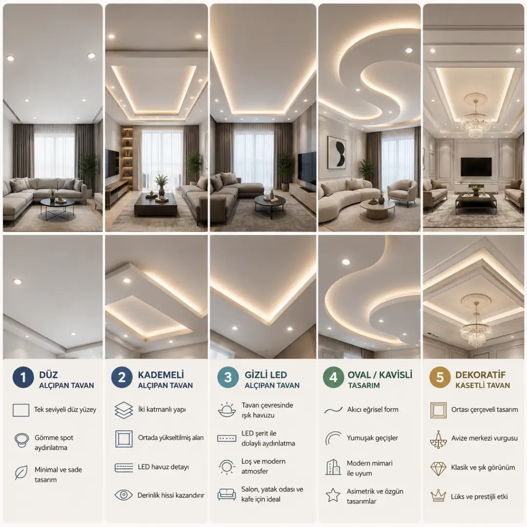 Alçıpan tavan modelleri karşılaştırması düz kademeli gizli LED oval ve kasetli tavan tasarımlarının görünümü.