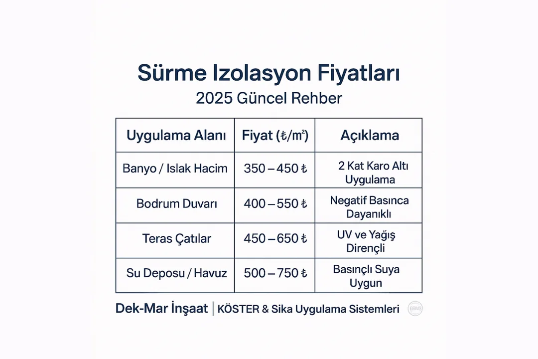 Sürme izolasyon fiyat tablosu 2025 – Dek-Mar İnşaat | KÖSTER ve Sika uygulamaları 