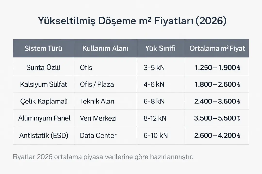 Yükseltilmiş döşeme m2 fiyatları 2026 güncel tablo ofis ve veri merkezi sistemleri