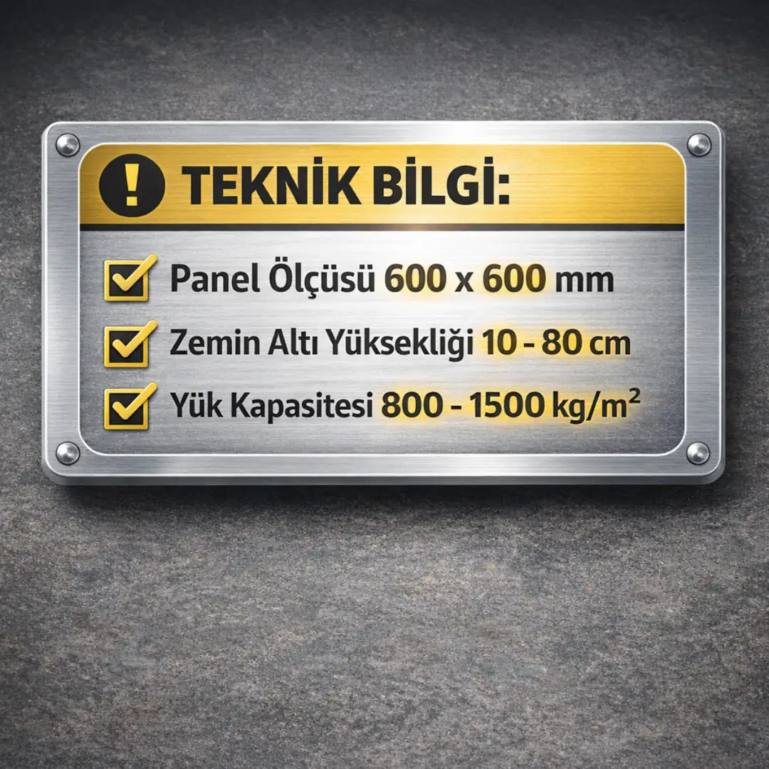 Raised floor sistemlerinde panel ölçüsü, yük kapasitesi ve sistem yüksekliği teknik özellikleri&nbsp;