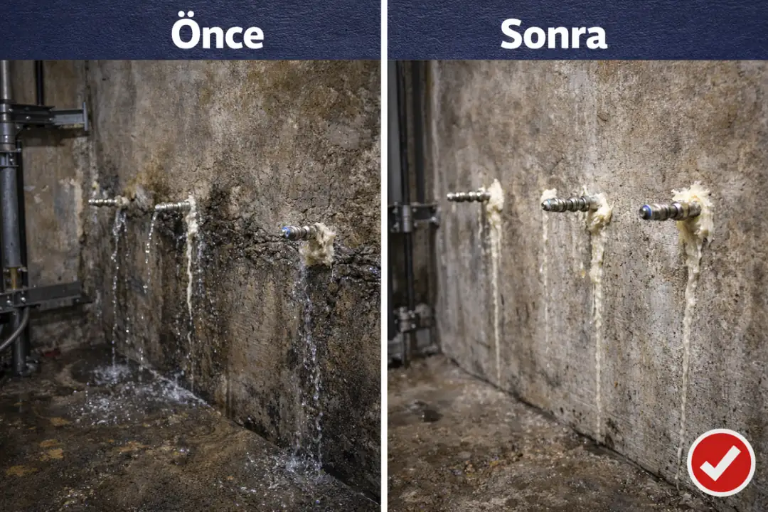 Poliüretan enjeksiyon öncesi beton duvarda aktif su sızıntısı ile uygulama sonrası tamamen kuru ve sızdırmaz hale gelen yüzeyin karşılaştırmalı görünümü.&nbsp;