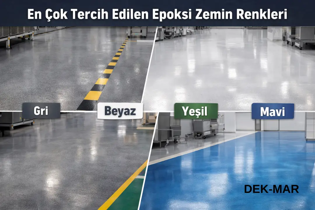Gri, beyaz, yeşil ve mavi epoksi zemin renkleri kullanım alanlarına göre karşılaştırmalı örnekler.&nbsp;