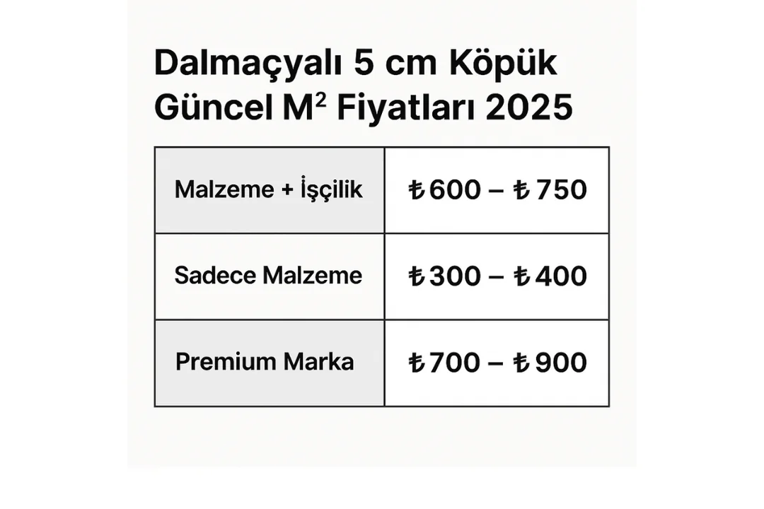 Dalmaçyalı 5 cm köpük fiyat tablosu 2025: malzeme, işçilik ve premium marka fiyatları.