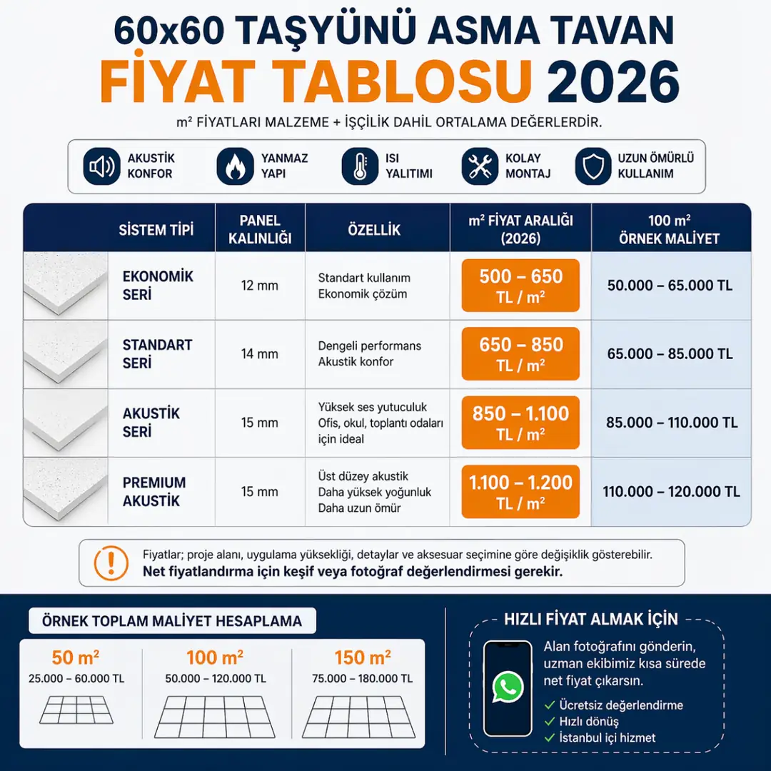 60x60 taşyünü asma tavan fiyat tablosu 2026 m2 maliyet karşılaştırması&nbsp;