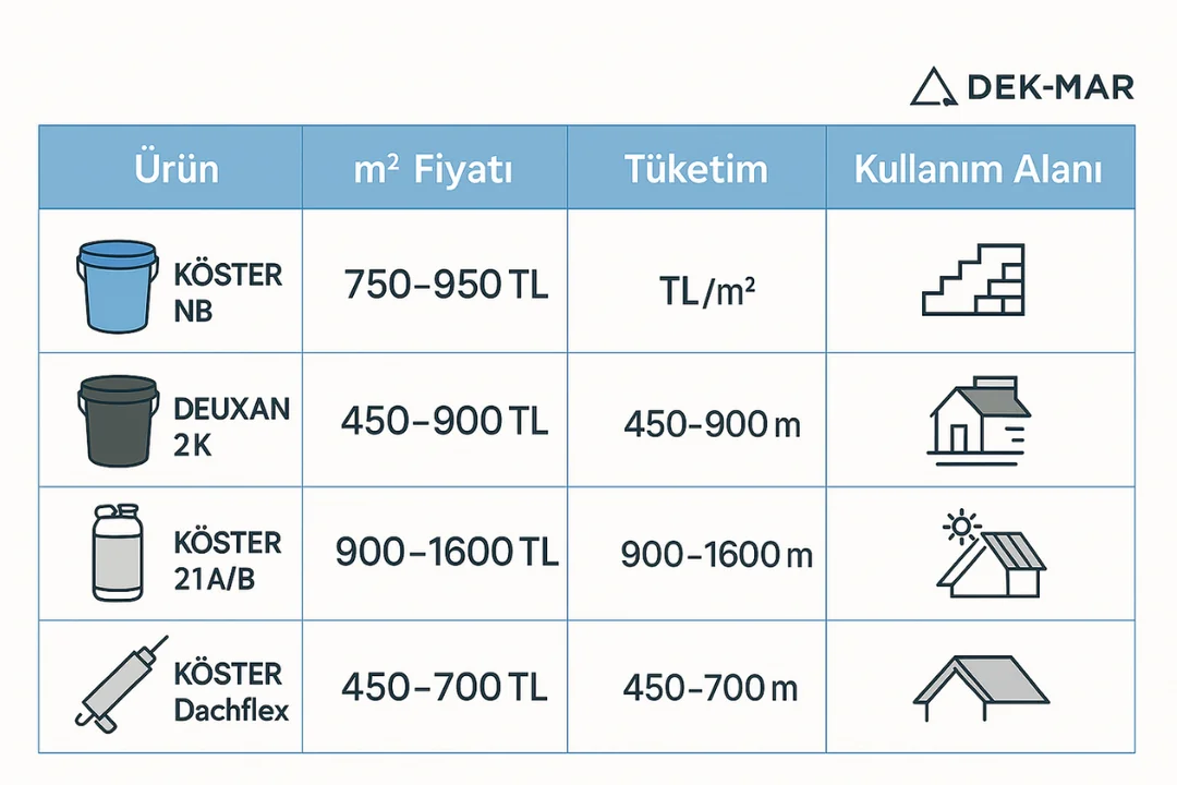KÖSTER su yalıtım malzemesi fiyat tablosu – NB Elastik 2K, Deuxan 2K, poliüretan 21A/B karşılaştırma – Dek-Mar.