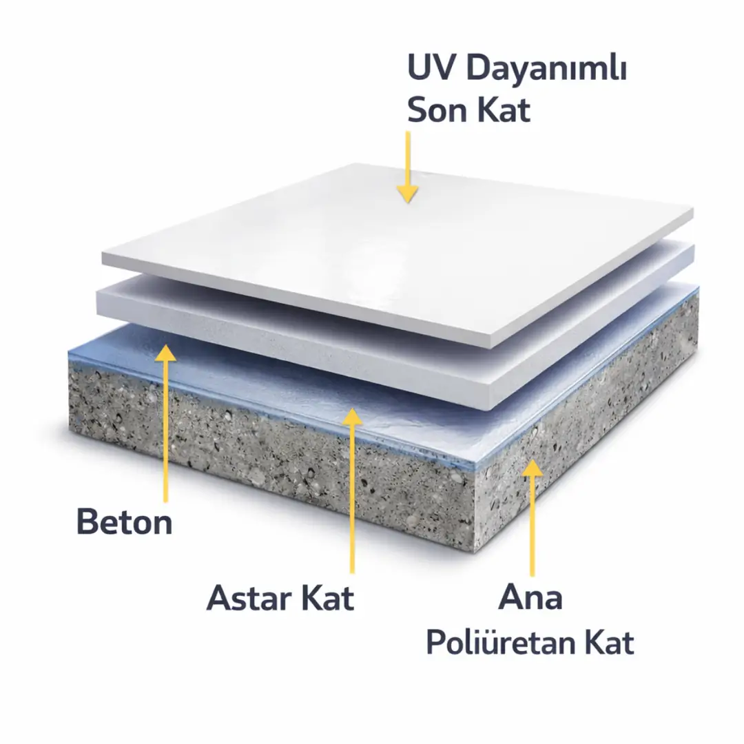 Poliüretan likit membran katman kesit şeması astar ana kat UV son kat gösterimi&nbsp;