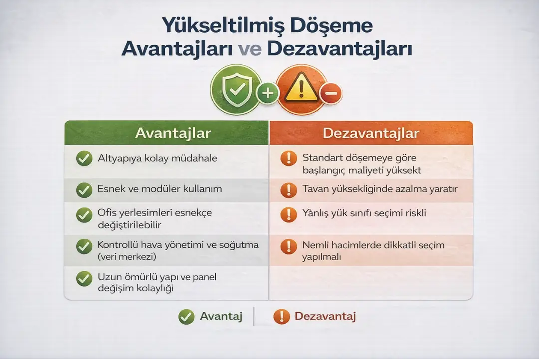 Yükseltilmiş döşeme avantajları ve dezavantajlarının karşılaştırmalı tablosu&nbsp;