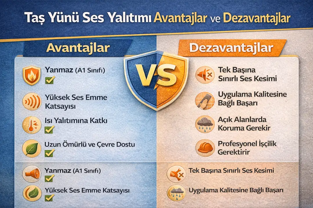 Taş yünü ses yalıtımı avantajları ve dezavantajları karşılaştırmalı infografik