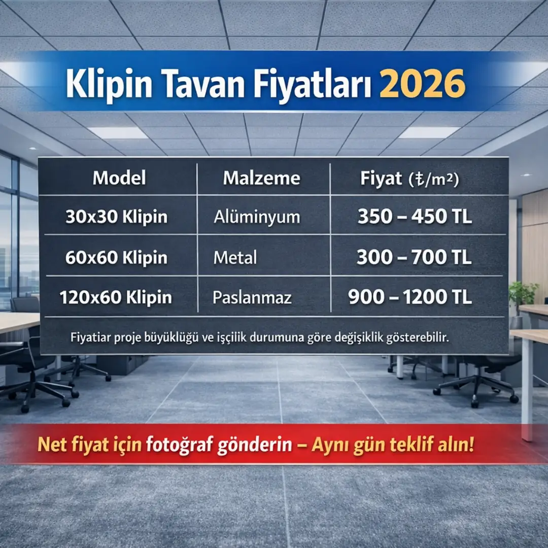 2026 klipin tavan m2 fiyatları, clip-in asma tavan fiyat tablosu ve metal tavan sistemleri maliyet karşılaştırması