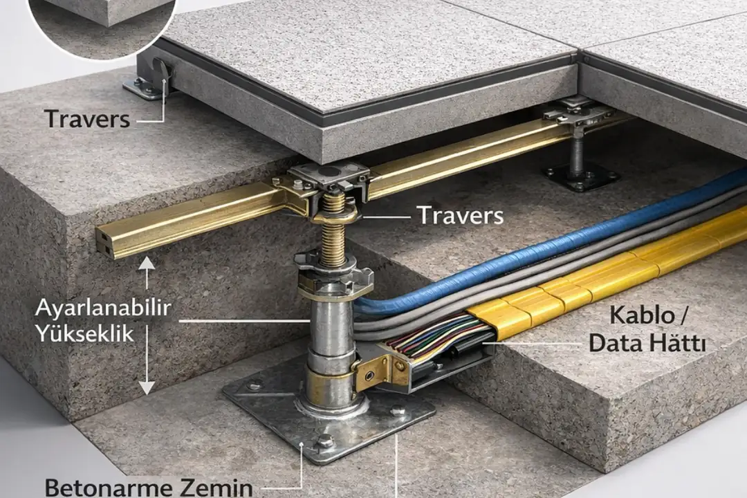 Kadıköy ofis projeleri için yükseltilmiş döşeme sisteminin kesit ve çalışma prensibi