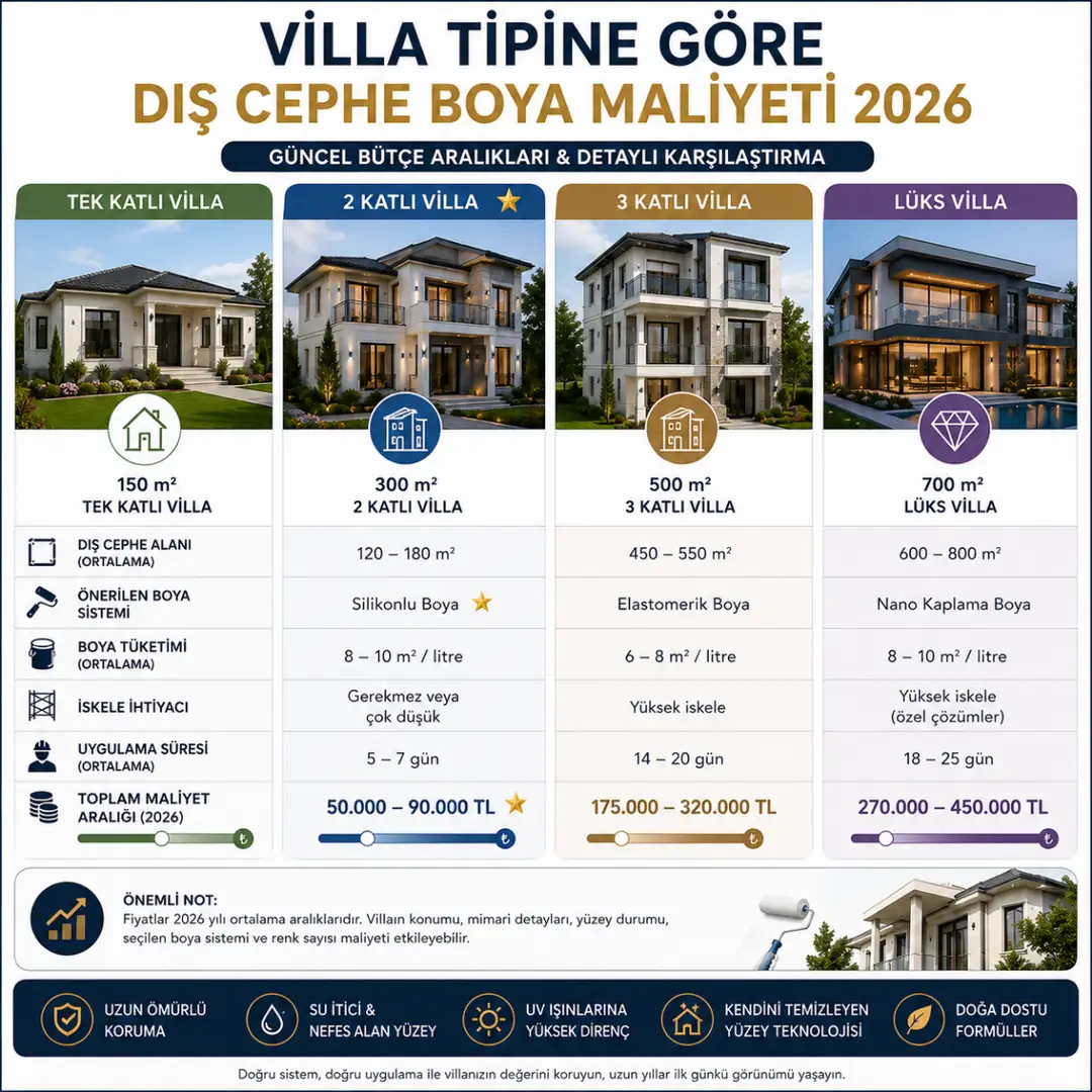Tek katlı iki katlı ve lüks villa dış cephe boya maliyet karşılaştırması 2026&nbsp;