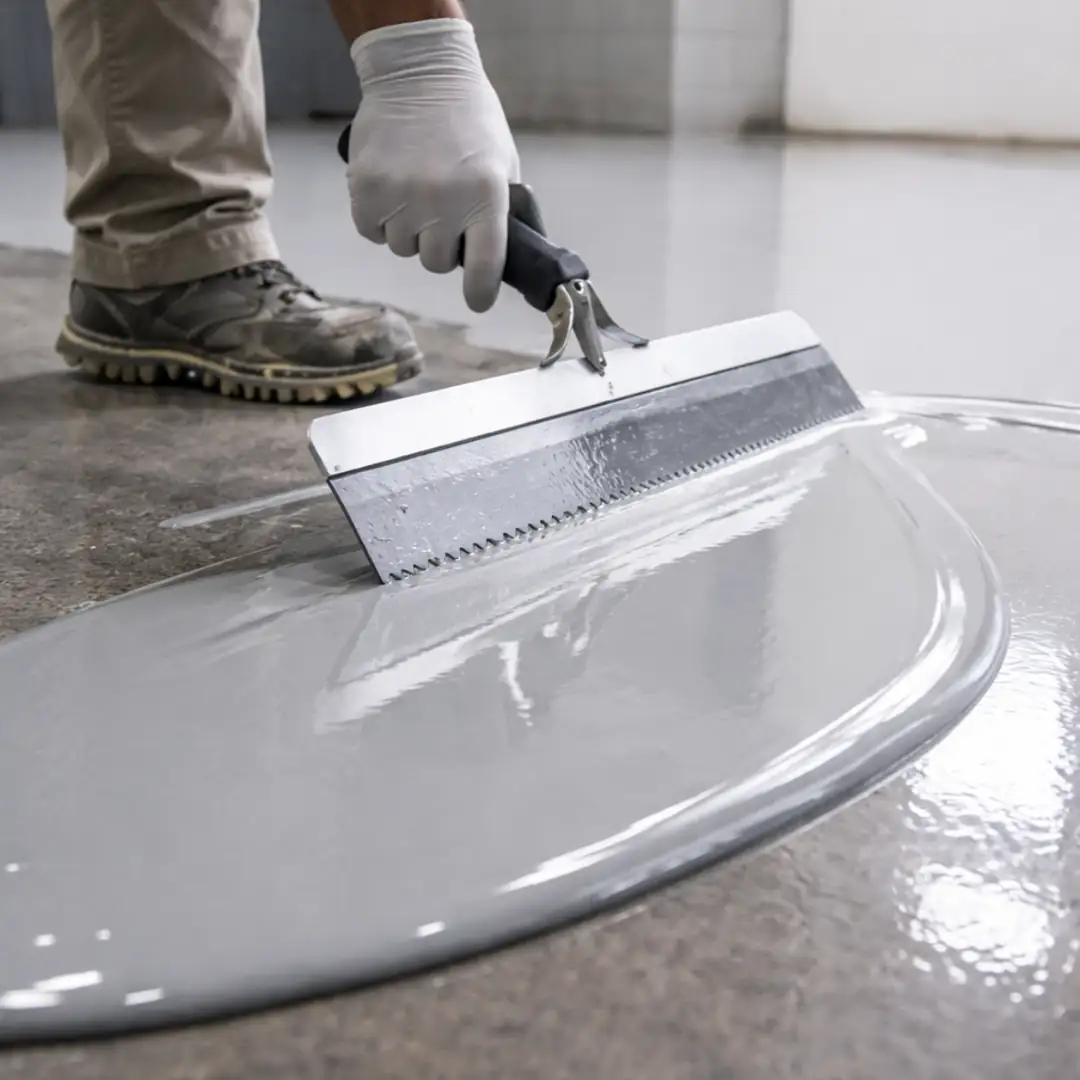 Self leveling epoksi uygulaması zemine dökülen epoksinin mala ile yayılması ve kendiliğinden düzleşme süreci&nbsp;