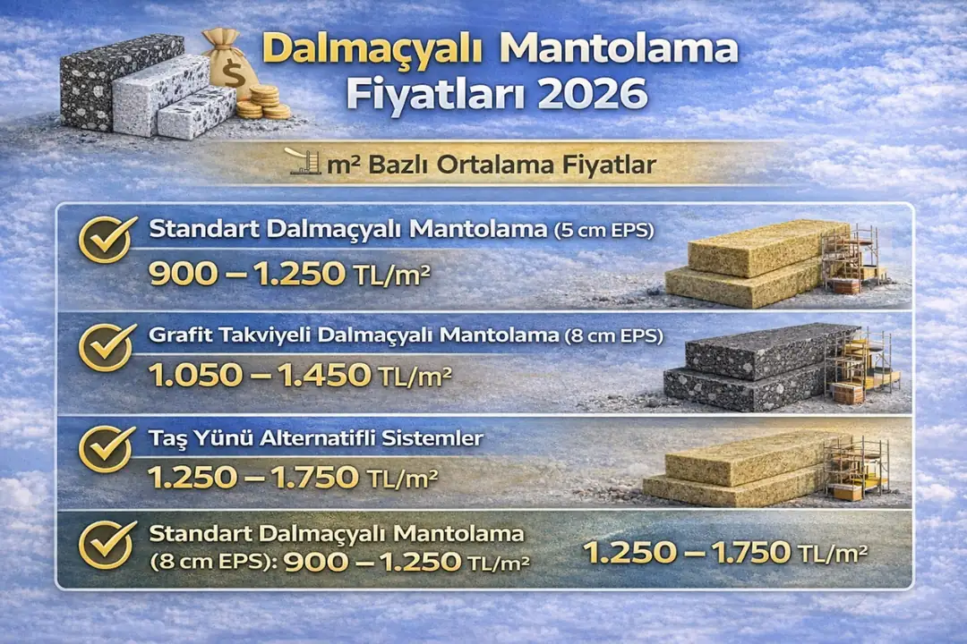 Dalmaçyalı mantolama fiyatları 2026, 5 cm EPS, grafit takviyeli ve taş yünü alternatifli sistemler m² fiyatları