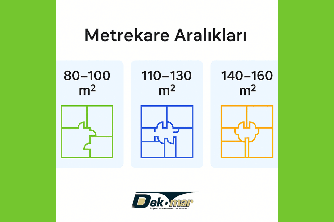 Ev boyama hizmetlerinde kullanılan 80-100, 110-130, 140-160 m² metrekare kategorilerini gösteren konsept görsel. 