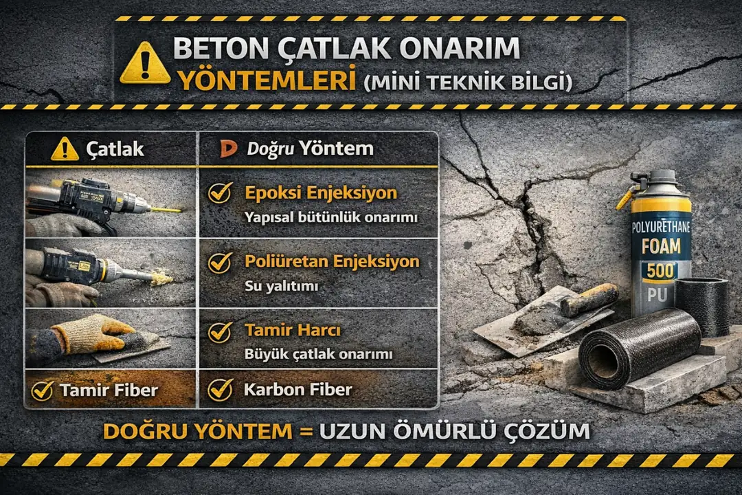 Beton çatlak onarım yöntemleri mini teknik bilgi – epoksi ve poliüretan enjeksiyon, tamir harcı ve karbon fiber güçlendirme&nbsp;
