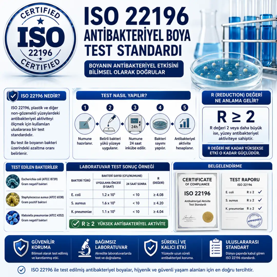 ISO 22196 antibakteriyel boya test standardını anlatan laboratuvar görseli&nbsp;