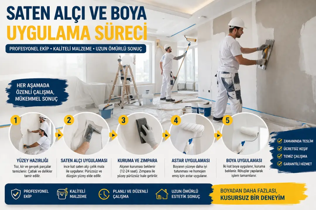 Saten alçı ve boya uygulama süreci saha çalışması, profesyonel ekip ile iç cephe boyama işlemi&nbsp;