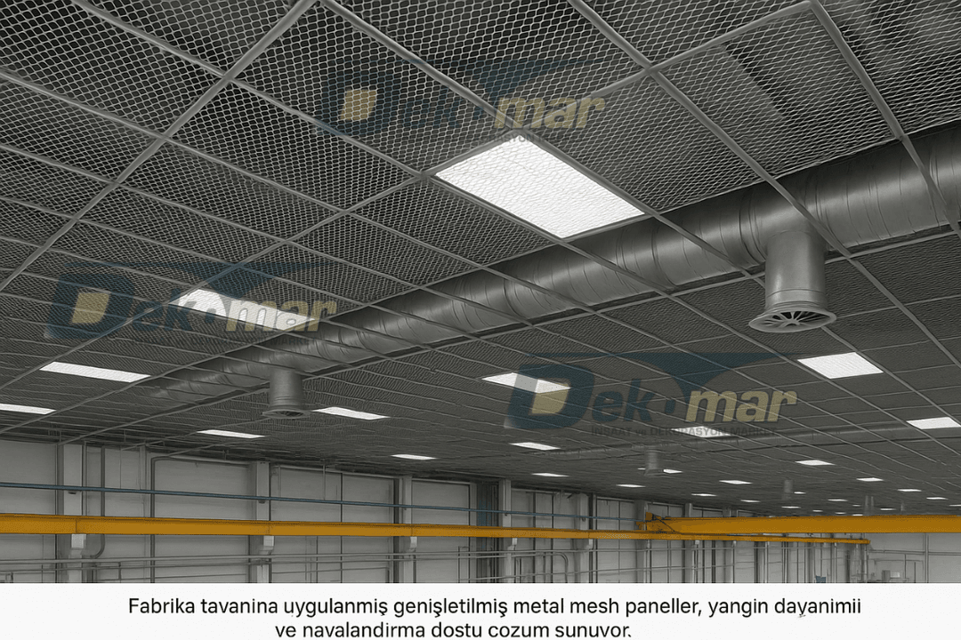 Fabrika tavanına uygulanmış genişletilmiş metal mesh paneller, yangın dayanımlı ve havalandırma dostu çözüm sunuyor. bunu tasarla 