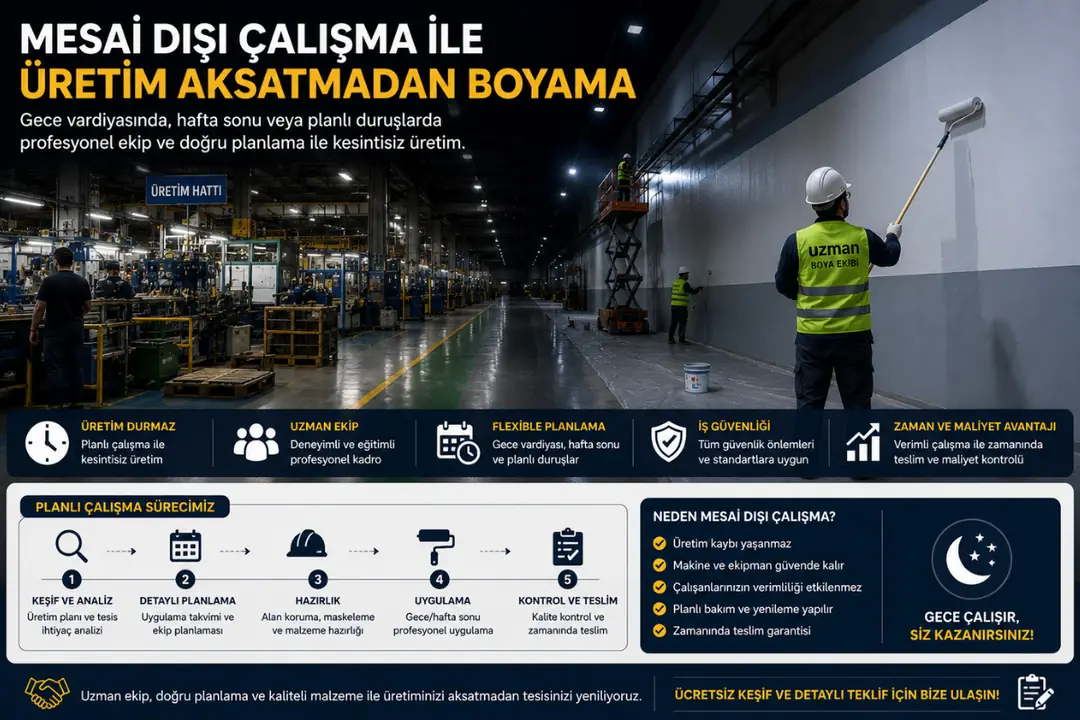 Gece vardiyasında üretimi durdurmadan fabrika boyama çalışması&nbsp;