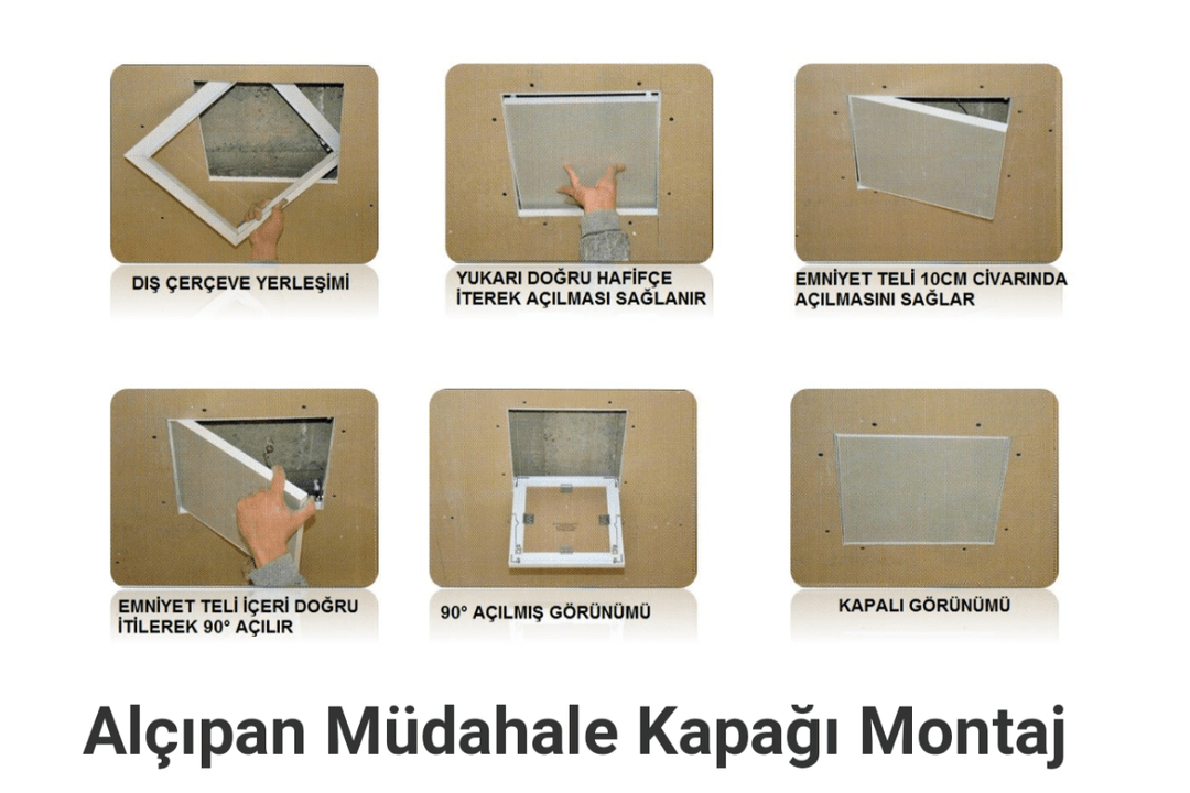 Alçıpan müdahale kapağı montaj adımları: dış çerçeve yerleşimi, açılma mekanizması ve kapalı görünüm ile uygulama rehberi. 