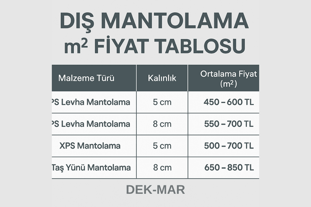 Dış mantolama güncel m2 fiyat tablosu: EPS, XPS ve taş yünü maliyetleri. 