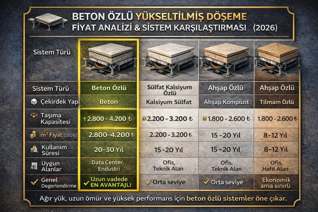 Beton özlü yükseltilmiş döşeme fiyat analizi ve diğer çekirdek sistemlerle karşılaştırma tablosu 2026