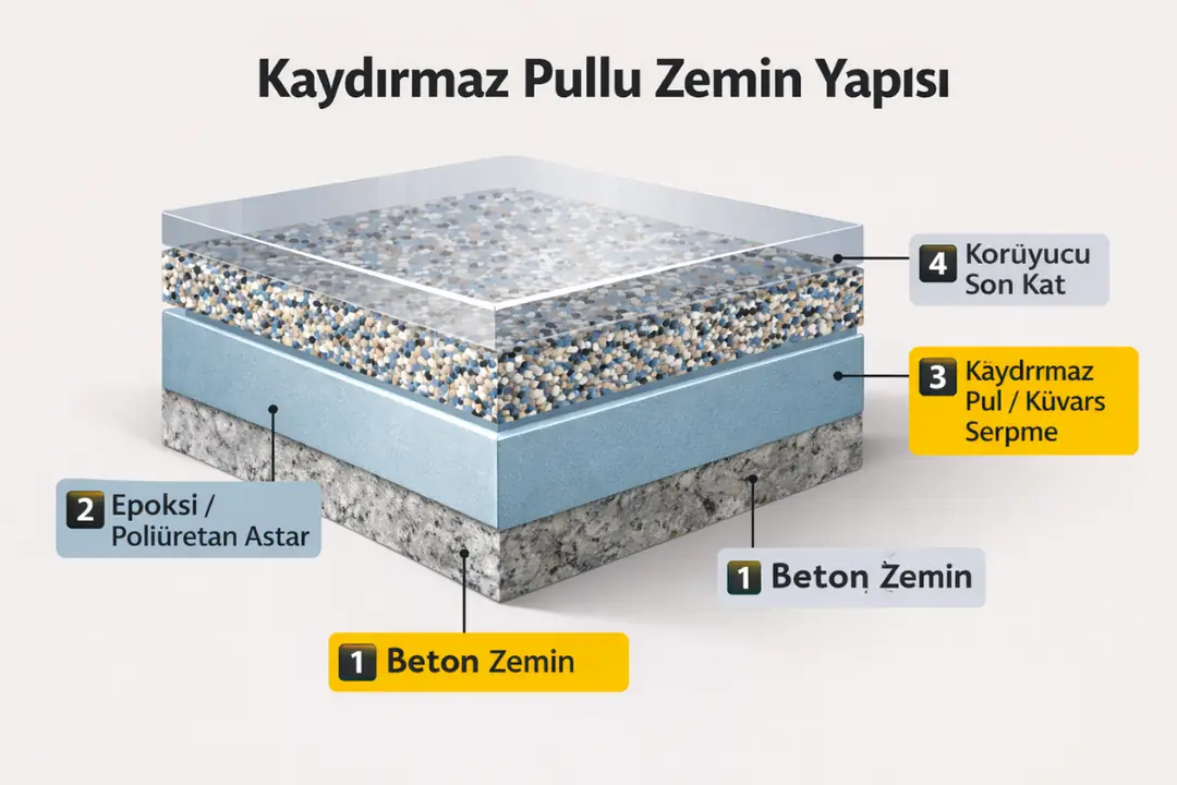Kaydırmaz pullu zemin kaplama katman yapısı ve uygulama sistemi&nbsp;